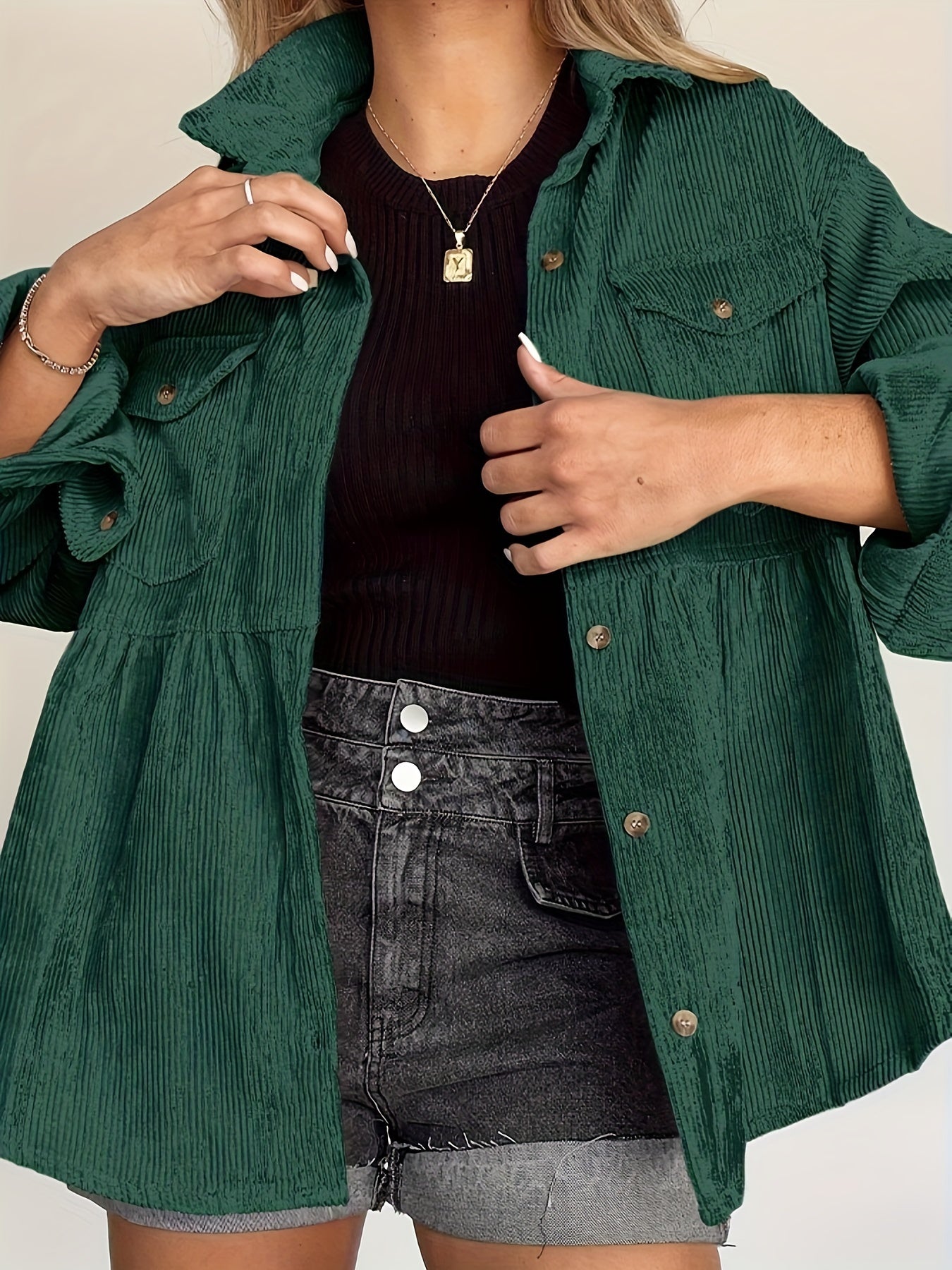 Corduroy Lapel Pocket Jacket Button Down Loose Outerwear