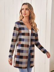 Plaid Print Cardigan Open Front Long Sleeve Outerwear