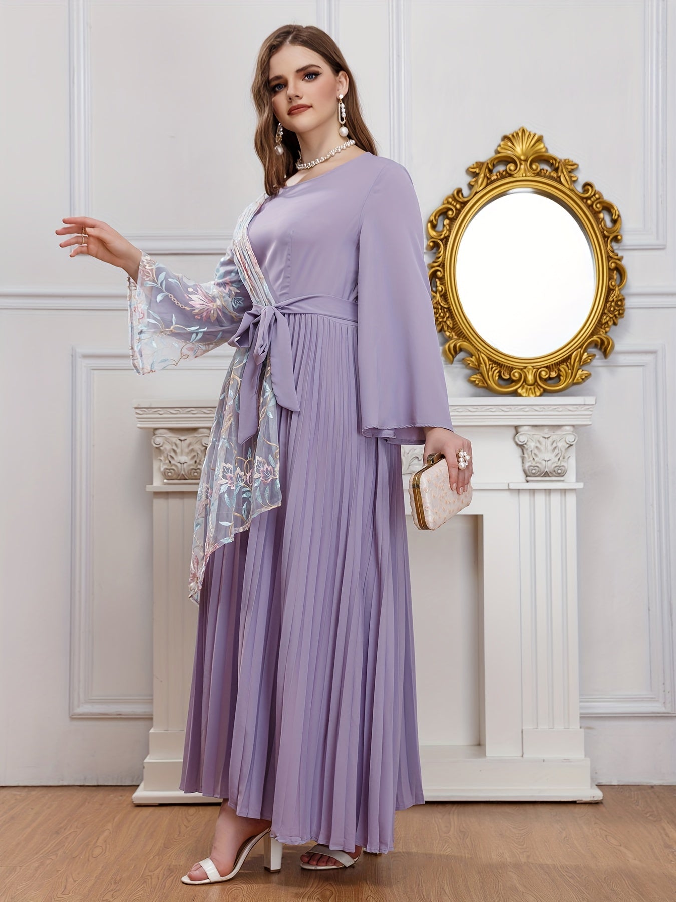 Abaya Dress Women's Plus Contrast Lace Bell Sleeve