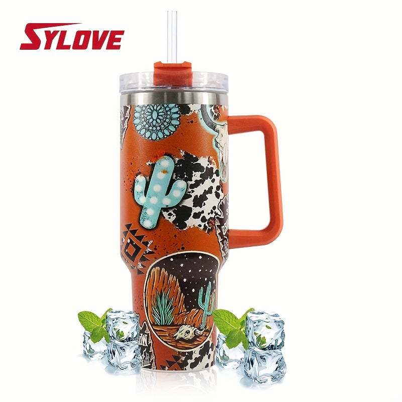 40oz Stainless Steel Vacuum Cup with Straw - Cactus Pumpkin Pattern