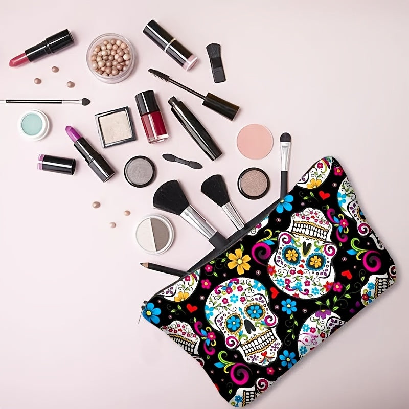 Flower Skull Zipper Storage Bag Lightweight Cosmetic Organizer