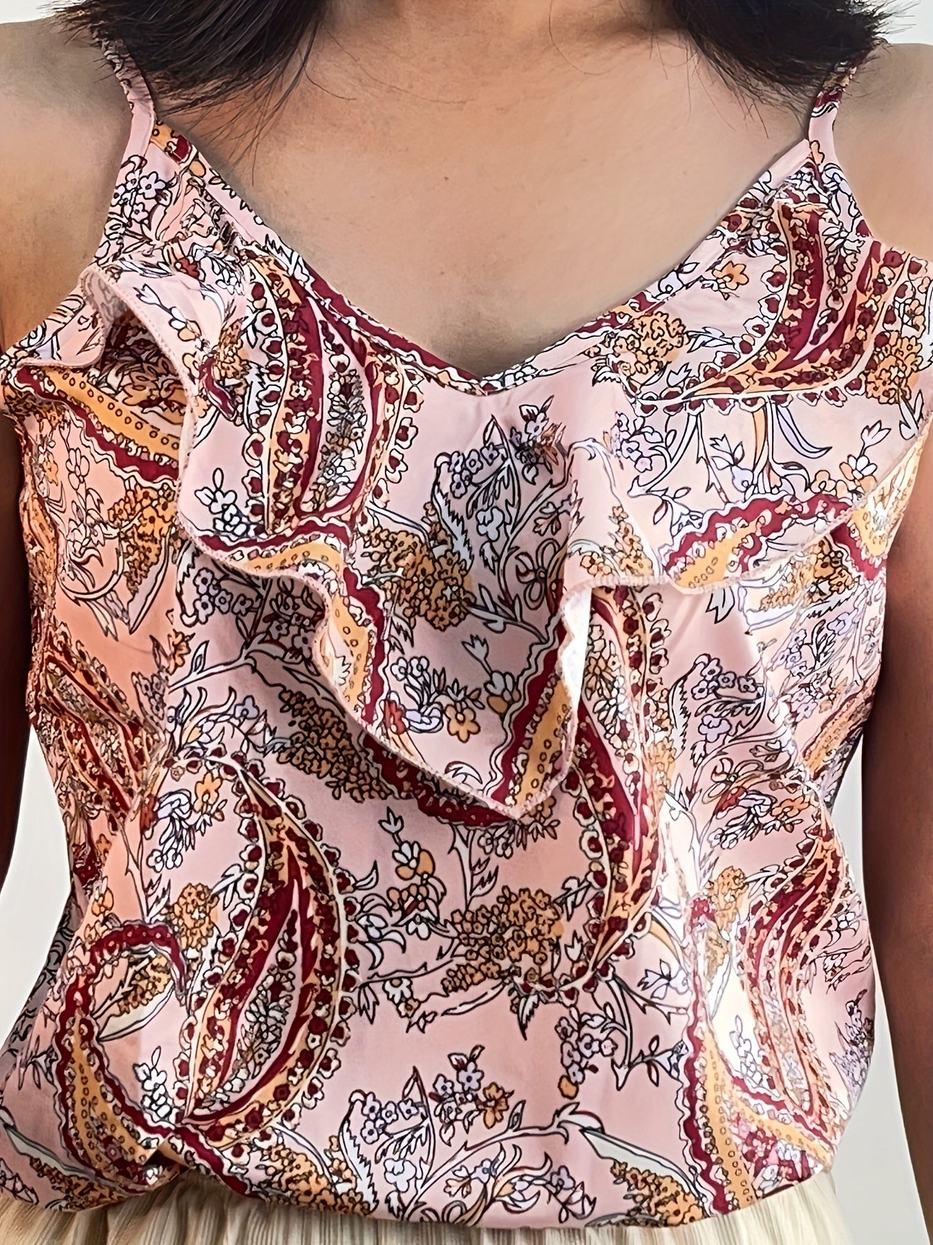 Boho Paisley Print Ruffle Trim Cami Top Summer Sleeveless Top