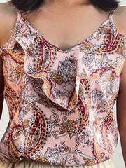 Boho Paisley Print Ruffle Trim Cami Top Summer Sleeveless Top