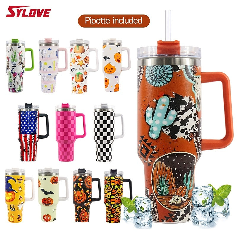 40oz Stainless Steel Vacuum Cup with Straw - Cactus Pumpkin Pattern