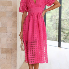 Windowpane Solid Lantern Sleeve Midi Dress