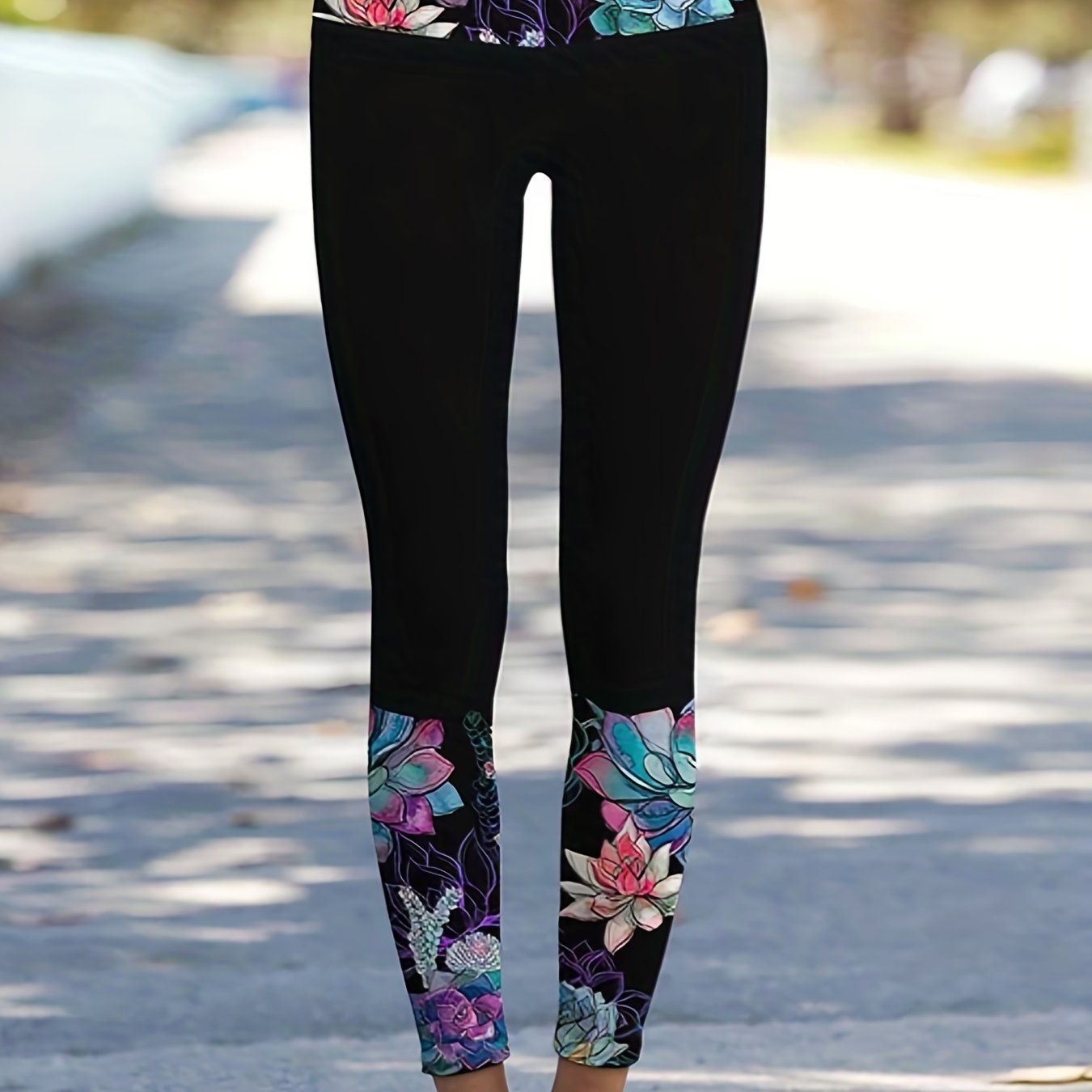Colorblock Lotus Print Skinny Leggings