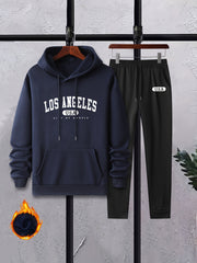 LA Men's 2Pcs Casual Crew Neck T Shirt Hooded Sweatshirt & Sweatpants Set
