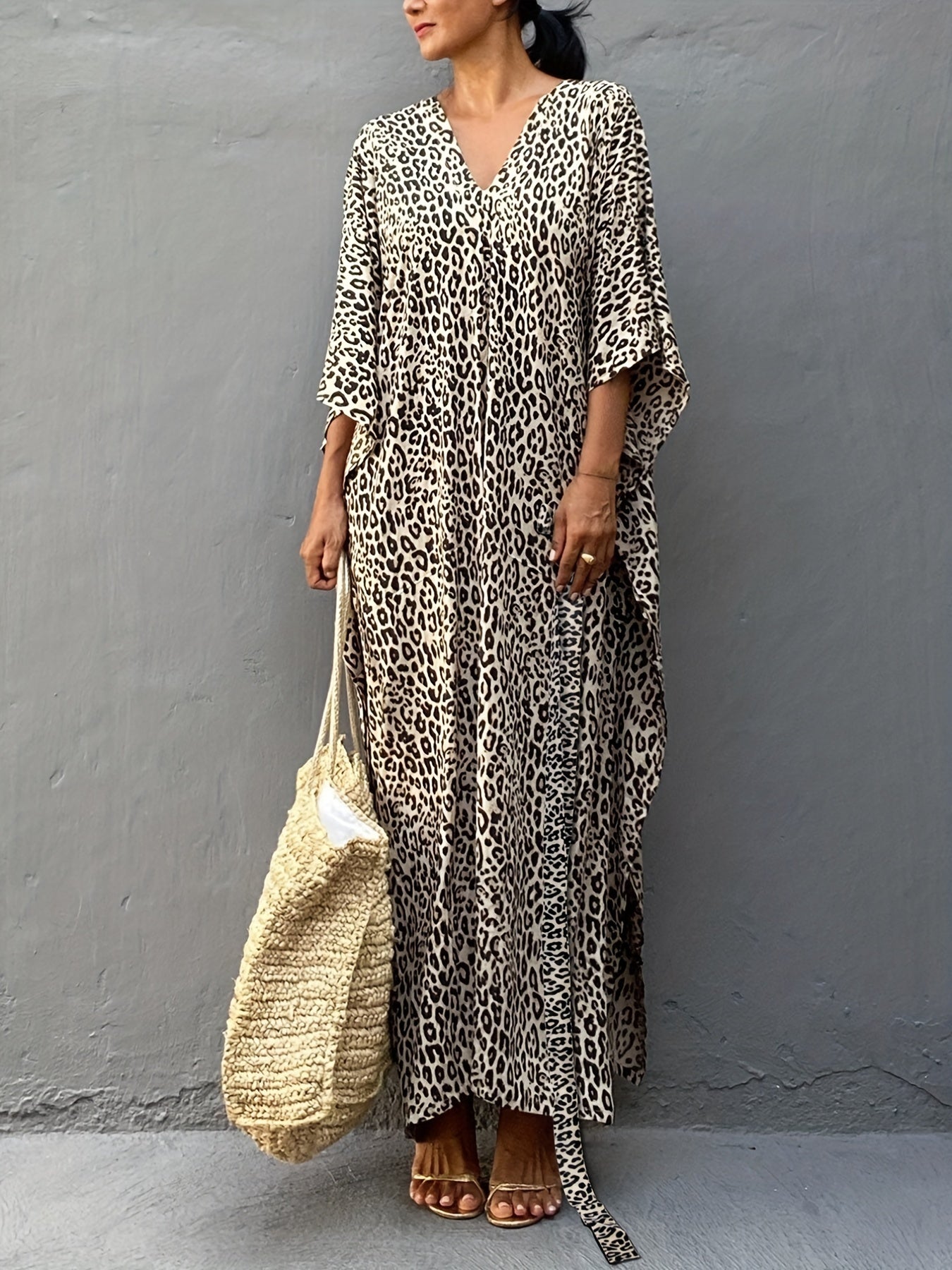 Leopard Print V Neck Split Thigh Kaftan Batwing Half Sleeve Kimono Cover Up
