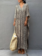 Leopard Print V Neck Split Thigh Kaftan Batwing Half Sleeve Kimono Cover Up