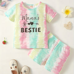 2pcs Baby Girls Tie Dye MAMA'S BESTIE T Shirt & Shorts Set
