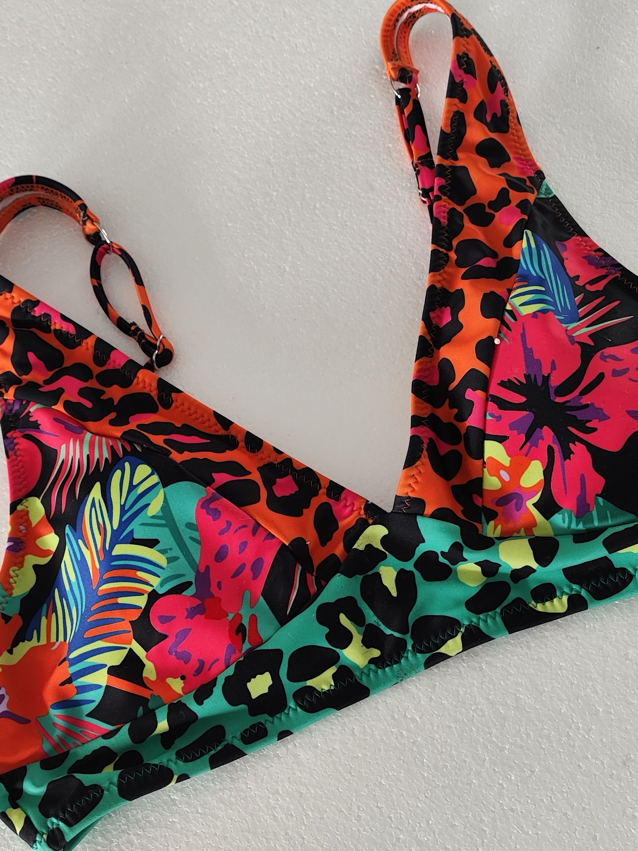 Leopard Floral 2 Piece Bikini V Neck High Waist Medium Stretch Swimsuit