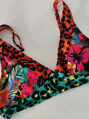 Leopard Floral 2 Piece Bikini V Neck High Waist Medium Stretch Swimsuit