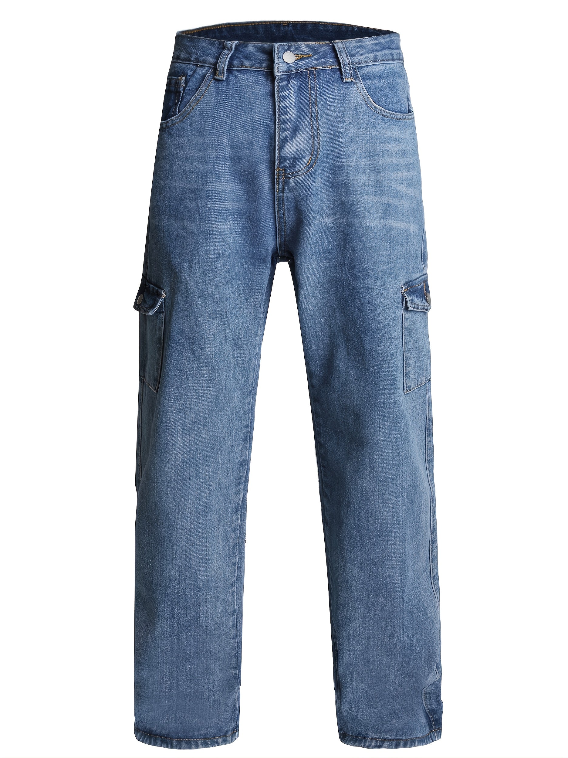 Loose Fit Straight Jeans Wide Leg Flap Pockets Non Stretch Casual Denim Pants