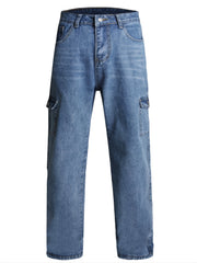 Loose Fit Straight Jeans Wide Leg Flap Pockets Non Stretch Casual Denim Pants