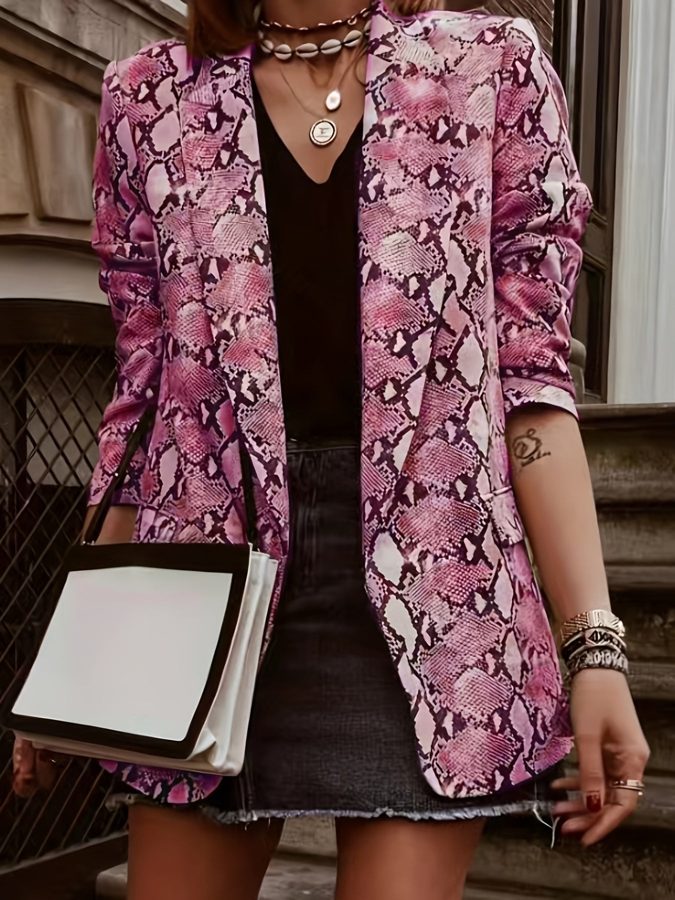 Casual Snake Pattern Blazer Open Front Long Sleeve Slim Fit