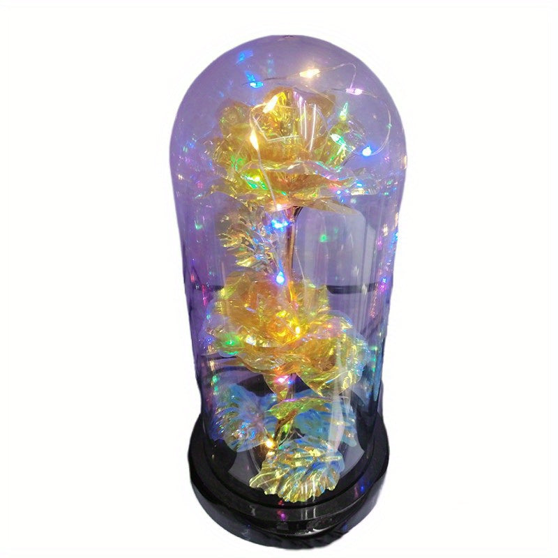 USB Powered Colorful Lights & Double Rose with Golden Leaves