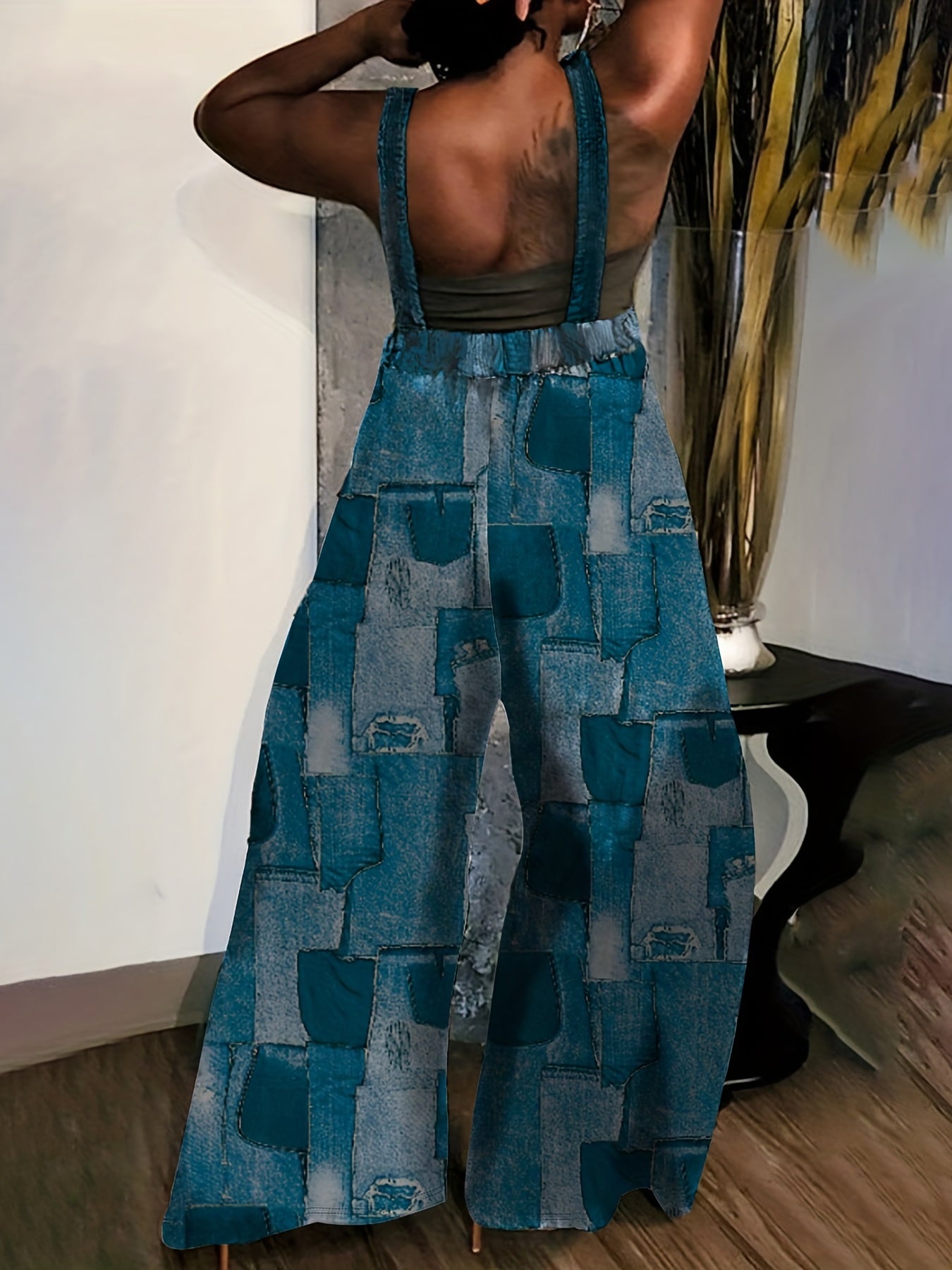 Women's Plus Denim Print Square Neck Wide Leg Jumpsuit