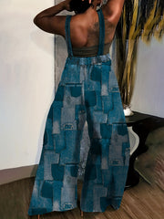 Women's Plus Denim Print Square Neck Wide Leg Jumpsuit