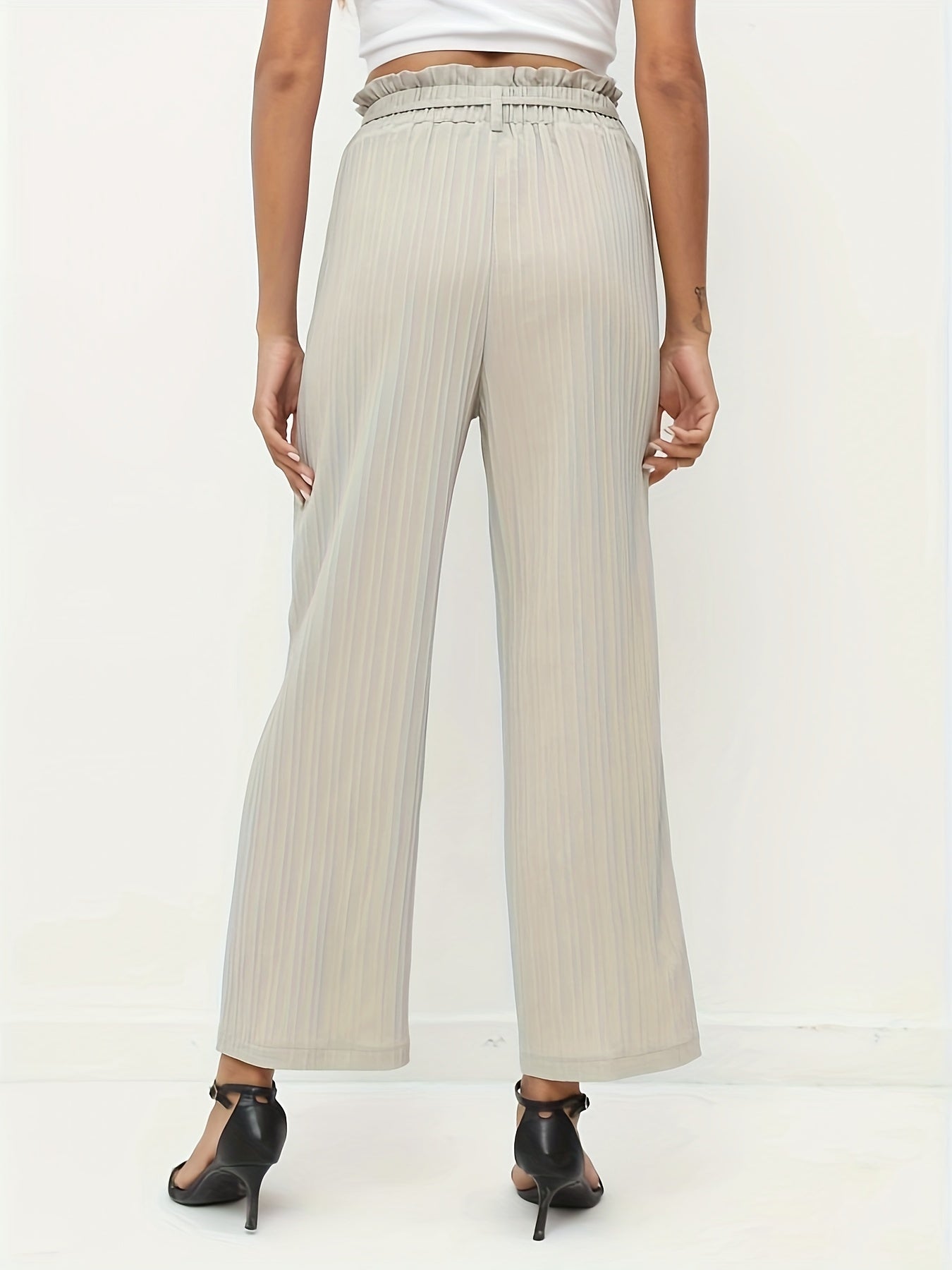 Solid Lace Up Wide Leg Pants Casual Paper Bag Waist