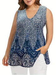 Casual Tank Top Women's Plus Random Print Round Neck