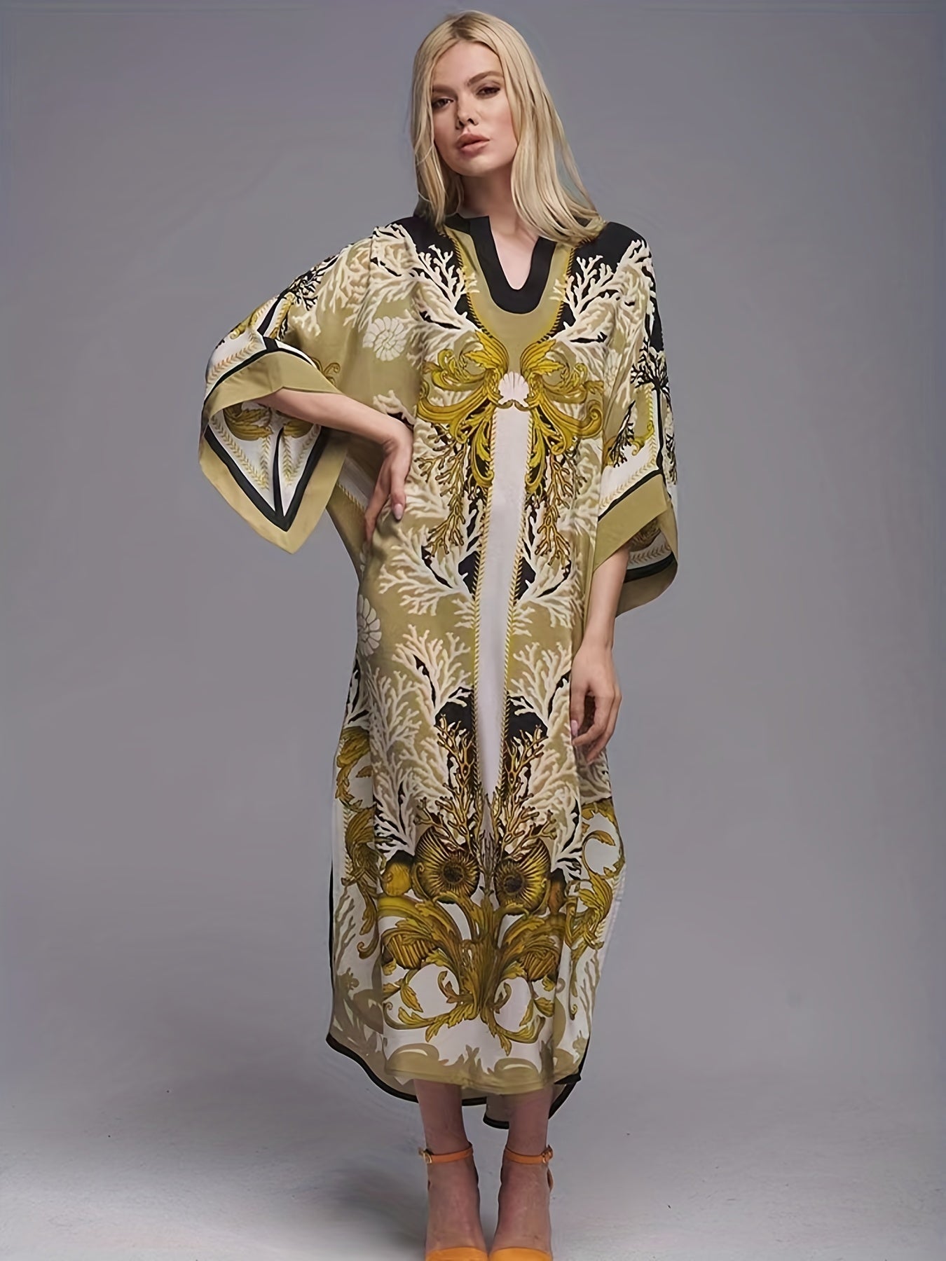Retro Abaya Dress Women's Plus Tribal Print Long Sleeve