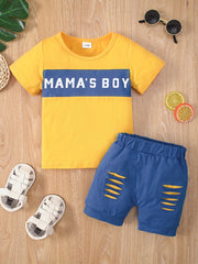 Cotton 'MAMA'S BOY' T-shirt Top + Ripped Shorts 2pcs Set for Baby Boys