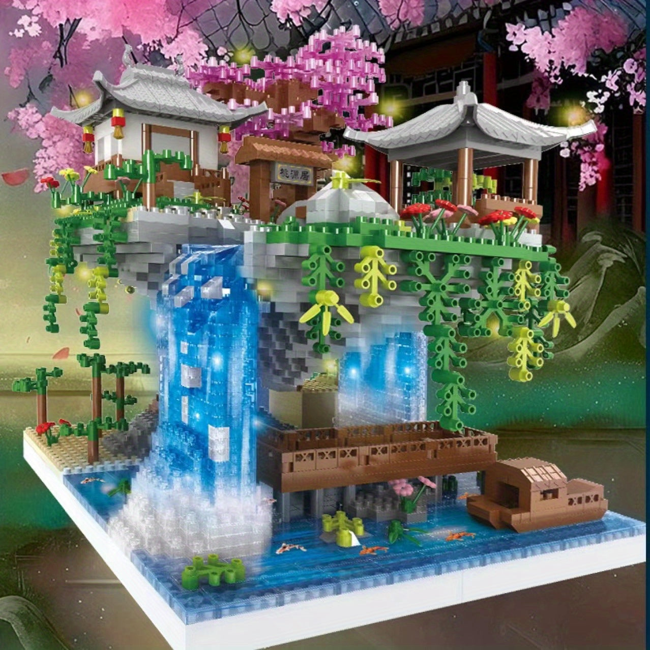 Chinese Architecture Building Set Peach Cherry Bonsai Tree Model