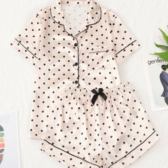 Polka Dot Satin Pajama Set Short Sleeve Top & Bow Shorts