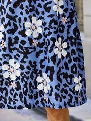 Leopard & Floral Print V Neck Dress Short Sleeve Dress For Spring & Summer
