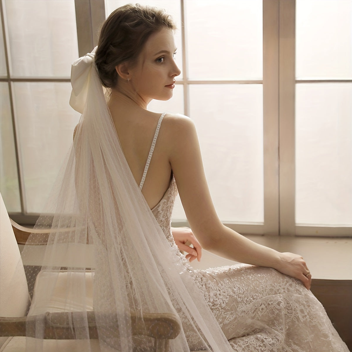 Large Bowknot Long Head Veil With Comb Bridal Wedding Hair Accessories