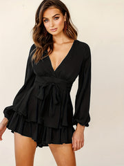 Airy Tie Front Ruffle Layered Romper Jumpsuit V Neck Long Sleeve Playsuit