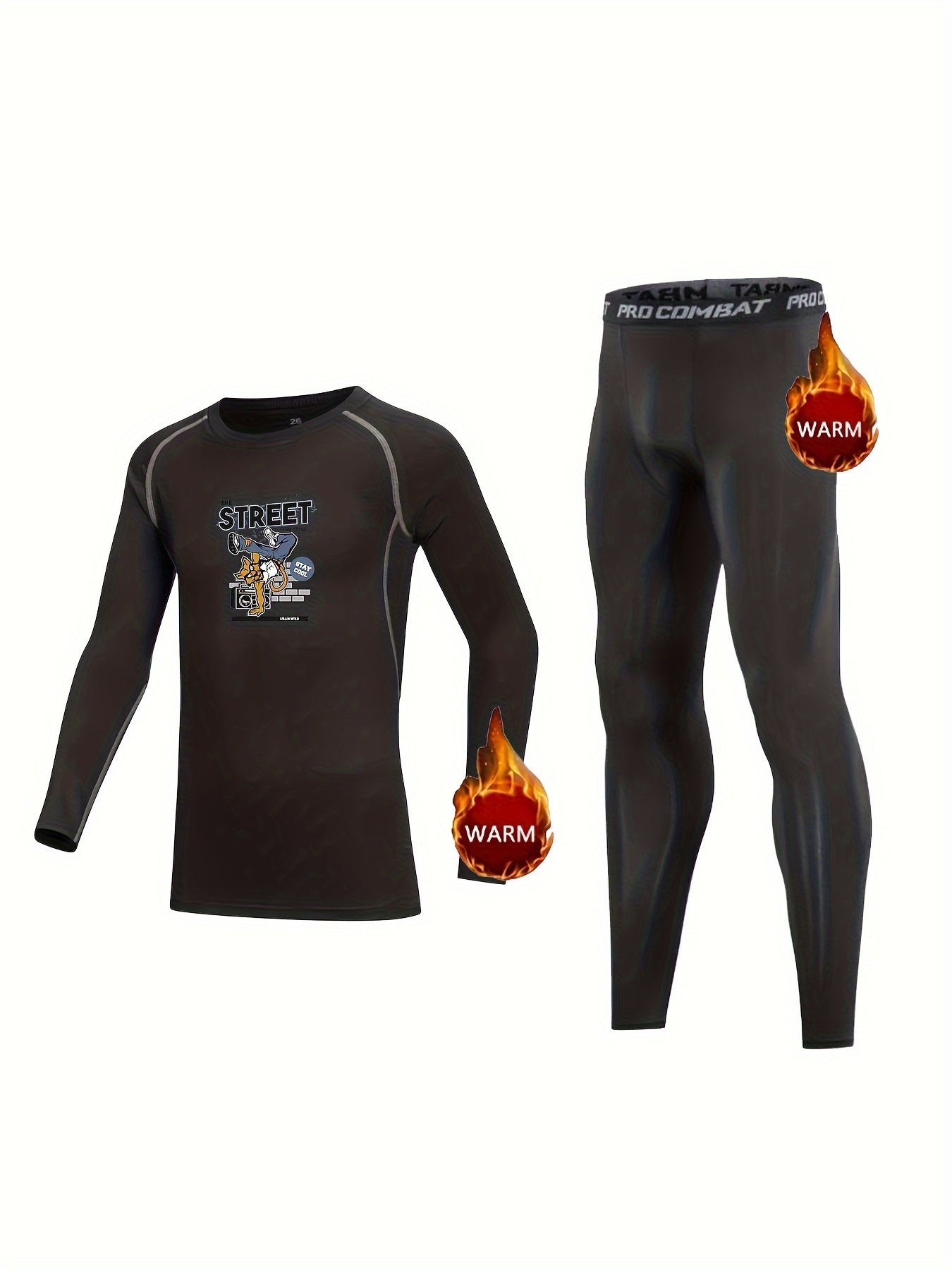 Kids Fleece Lined Compression Base Set Street Dance Print Long Sleeve Tops & Leg