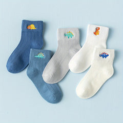 5 Pairs Dino Embroidery Socks for Kids Teen