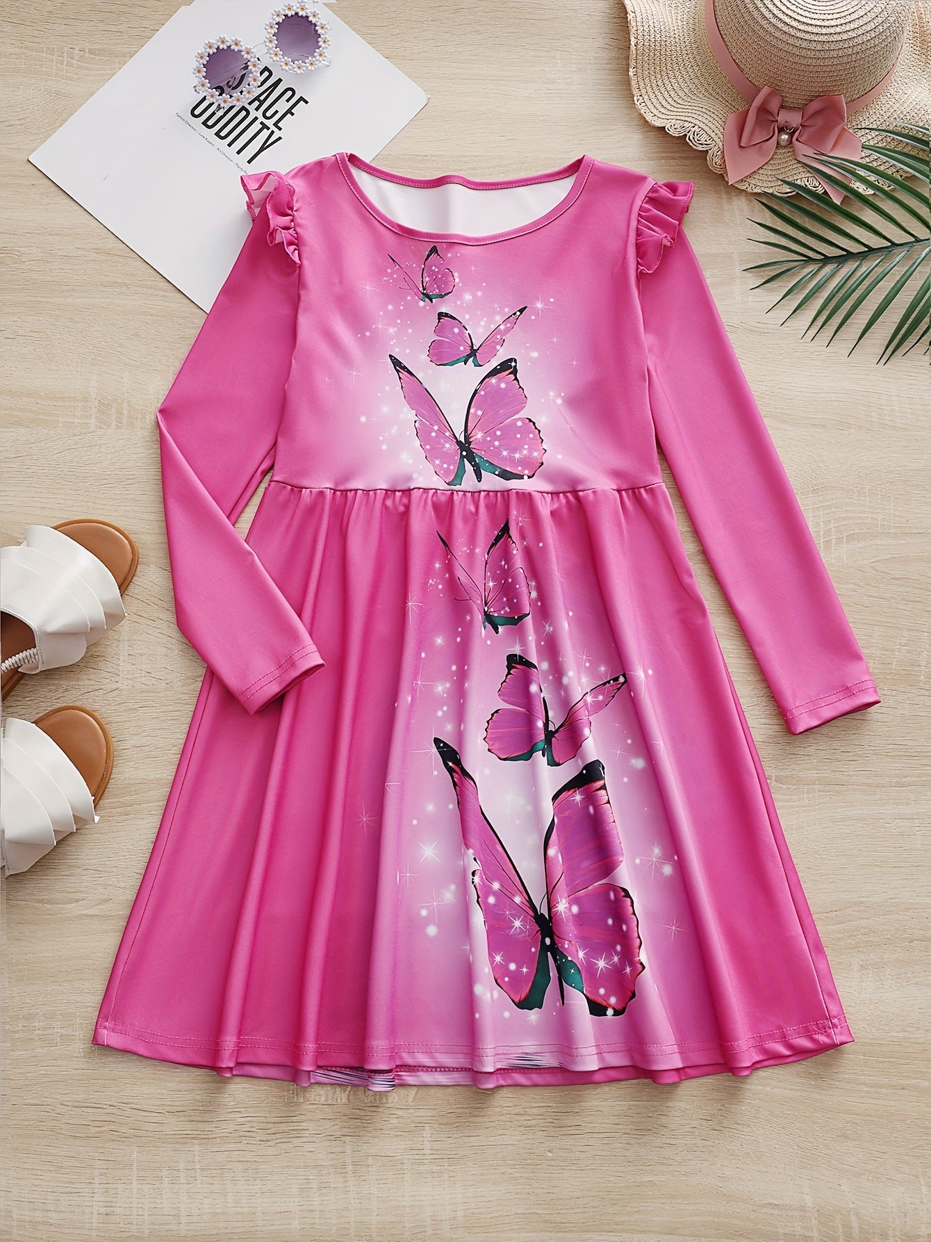 Sweet Girls Butterfly Graphic Long Sleeve Dress Spring Fall