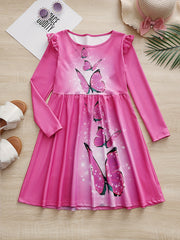 Sweet Girls Butterfly Graphic Long Sleeve Dress Spring Fall
