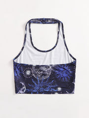 Moon & Sun Print Halter Top Sleeveless Summer Top
