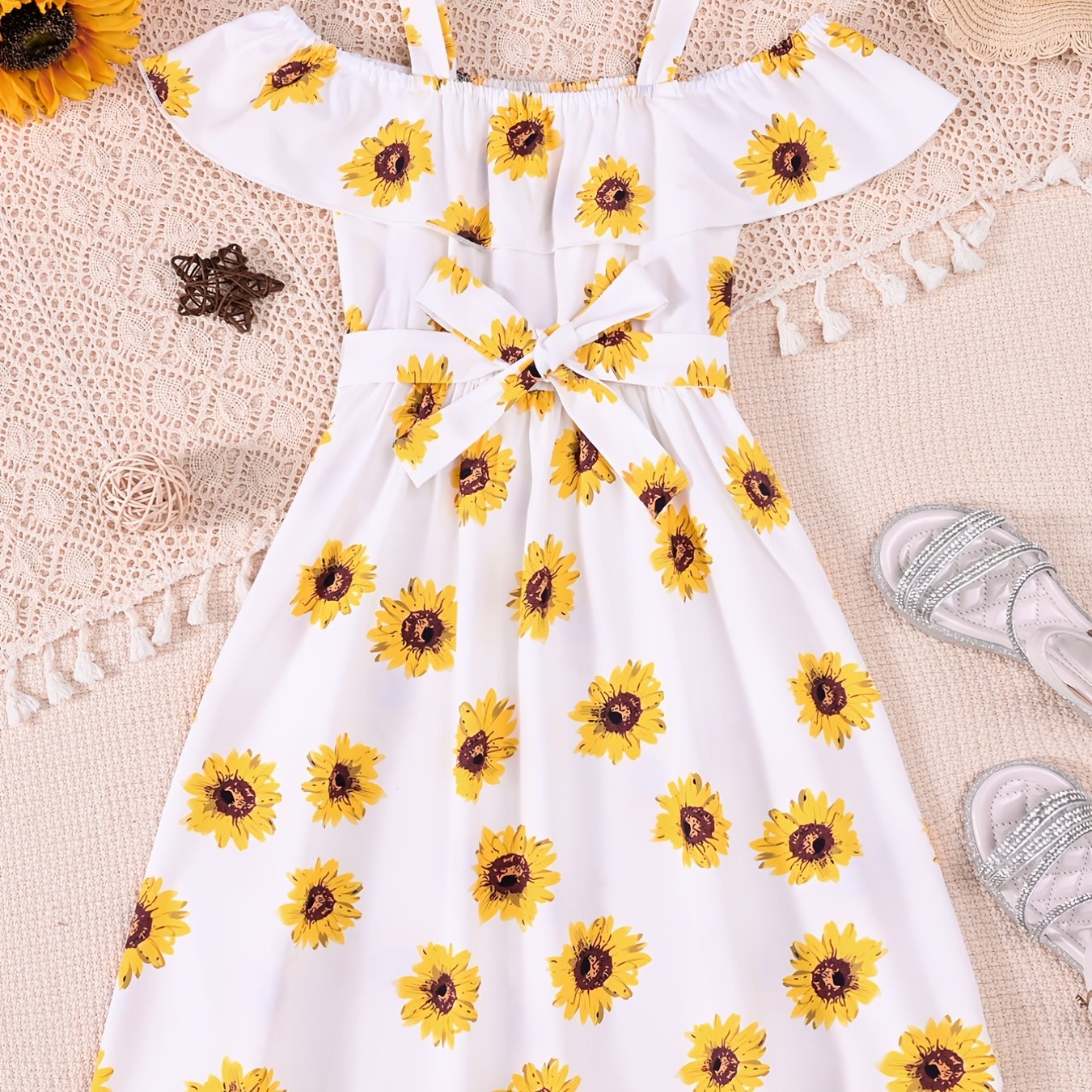 Toddler Girls Sunflower Graphic Cold Shoulder Belted Princess Dress