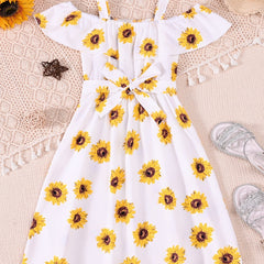Toddler Girls Sunflower Graphic Cold Shoulder Belted Princess Dress