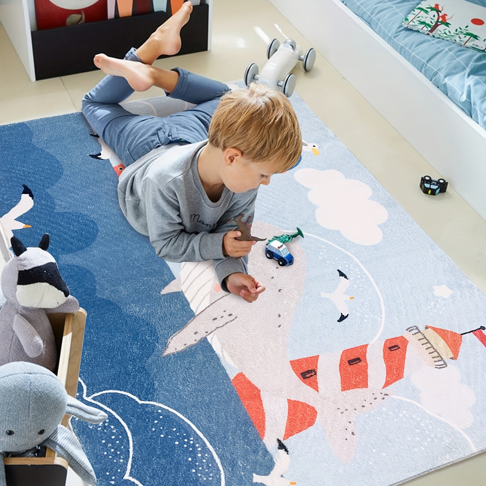 Cartoon Whale Area Rug Ocean Style Kids Play Mat