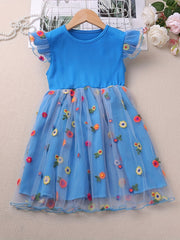 Toddler Girls Mesh Ruffled Sleeves Colorful Flowers Embroidery Splicing Princess