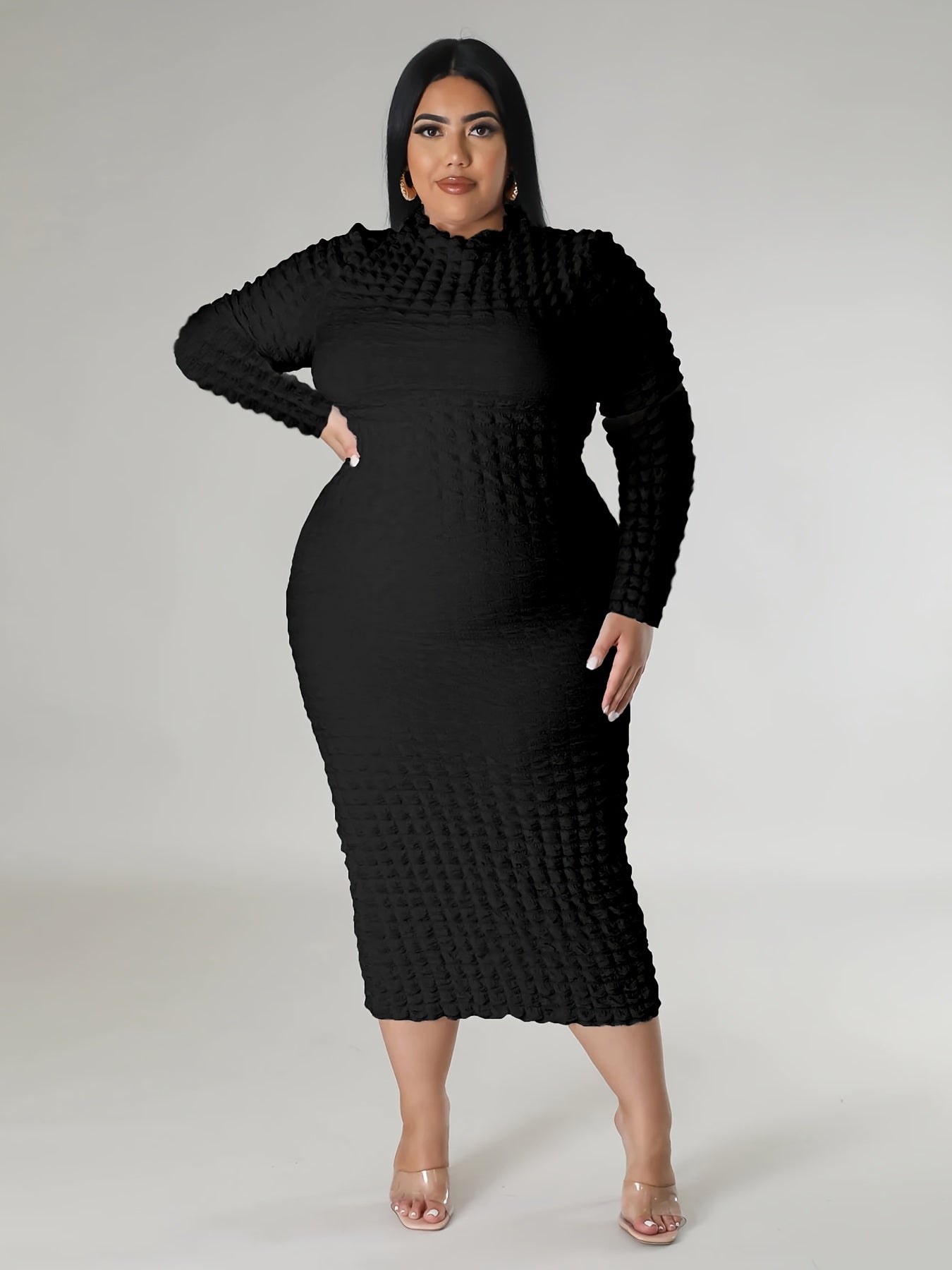 Solid Crinkle Long Sleeve High Neck Midi Dress