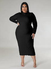 Solid Crinkle Long Sleeve High Neck Midi Dress