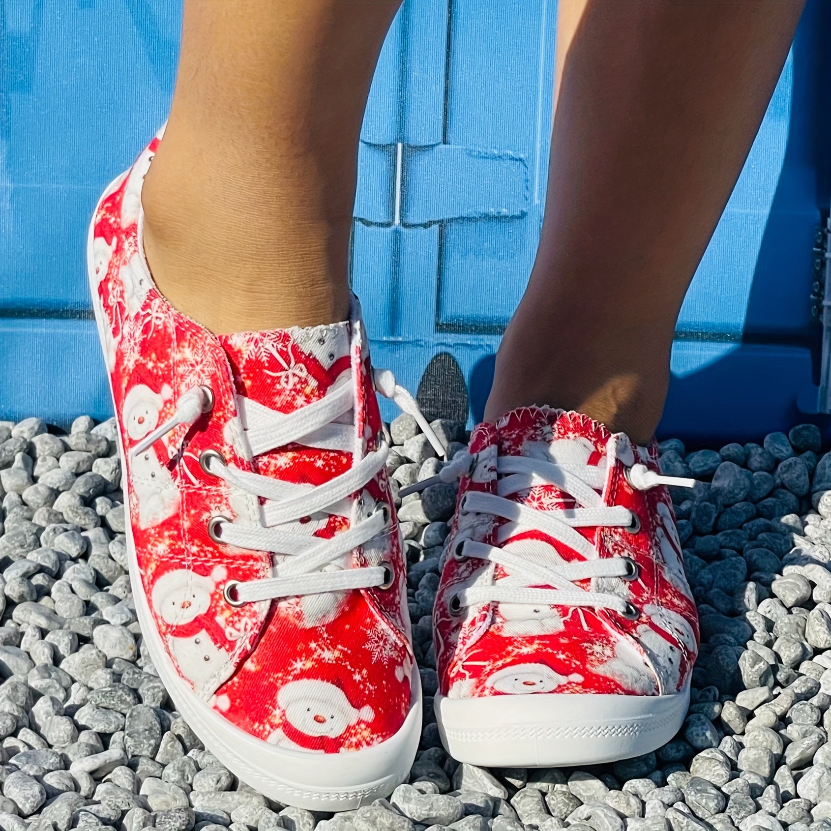 Christmas Canvas Shoes Round Toe Lace Up Flat Women's Shoes