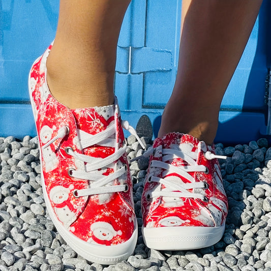 Christmas Canvas Shoes Round Toe Lace Up Flat Women's Shoes