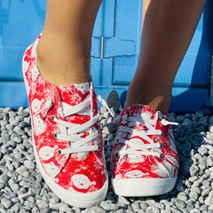 Christmas Canvas Shoes Round Toe Lace Up Flat Women's Shoes