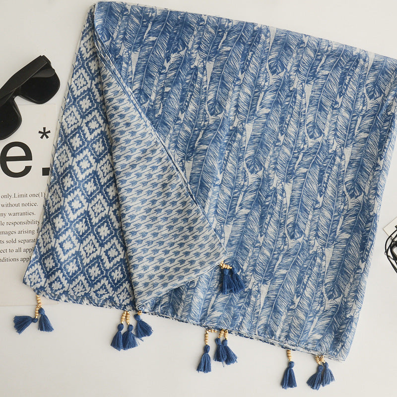 Boho Tassel Scarf Floral Print Linen Shawl Windproof Head Wrap