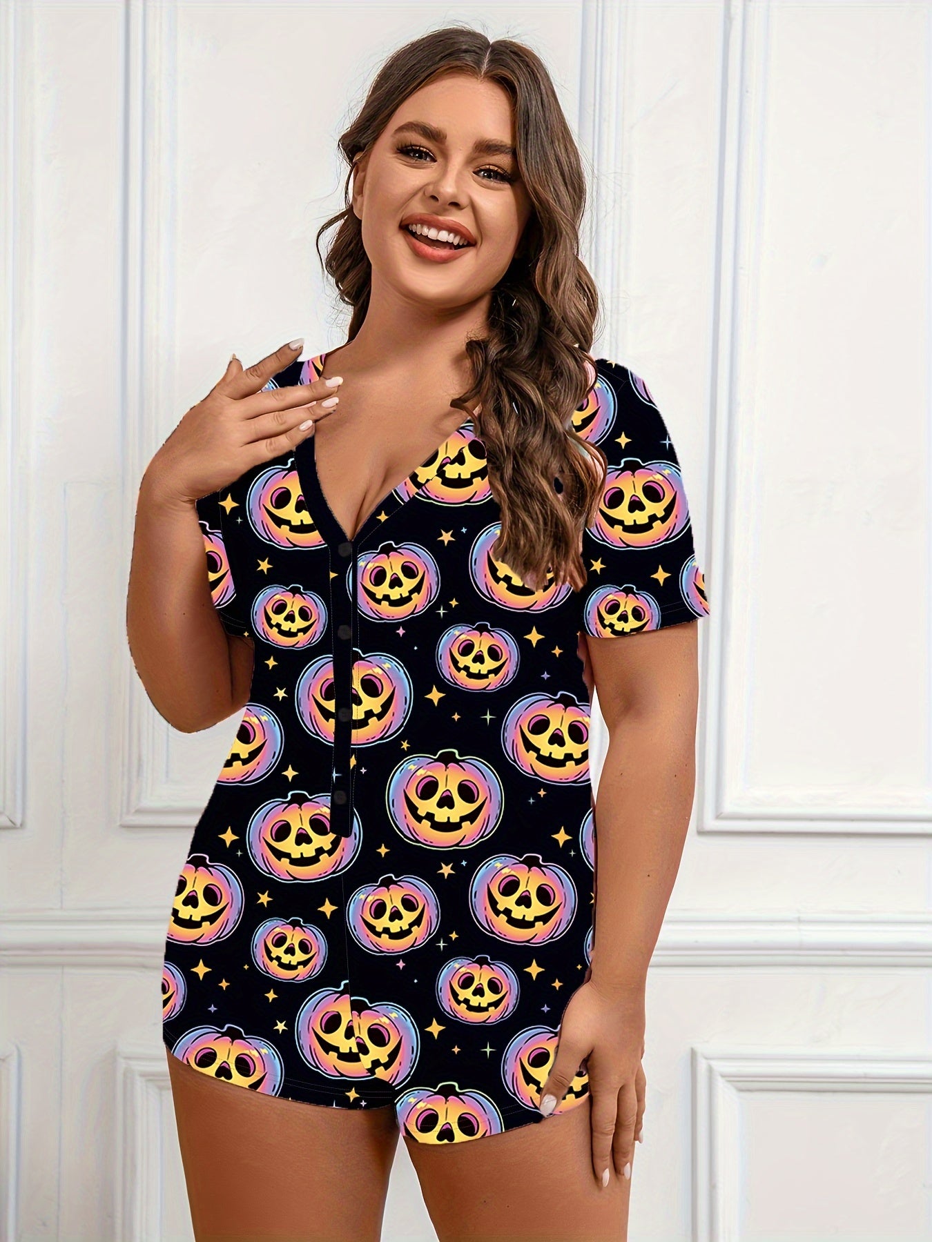 Halloween Pumpkin Print Short Sleeve Lounge Romper