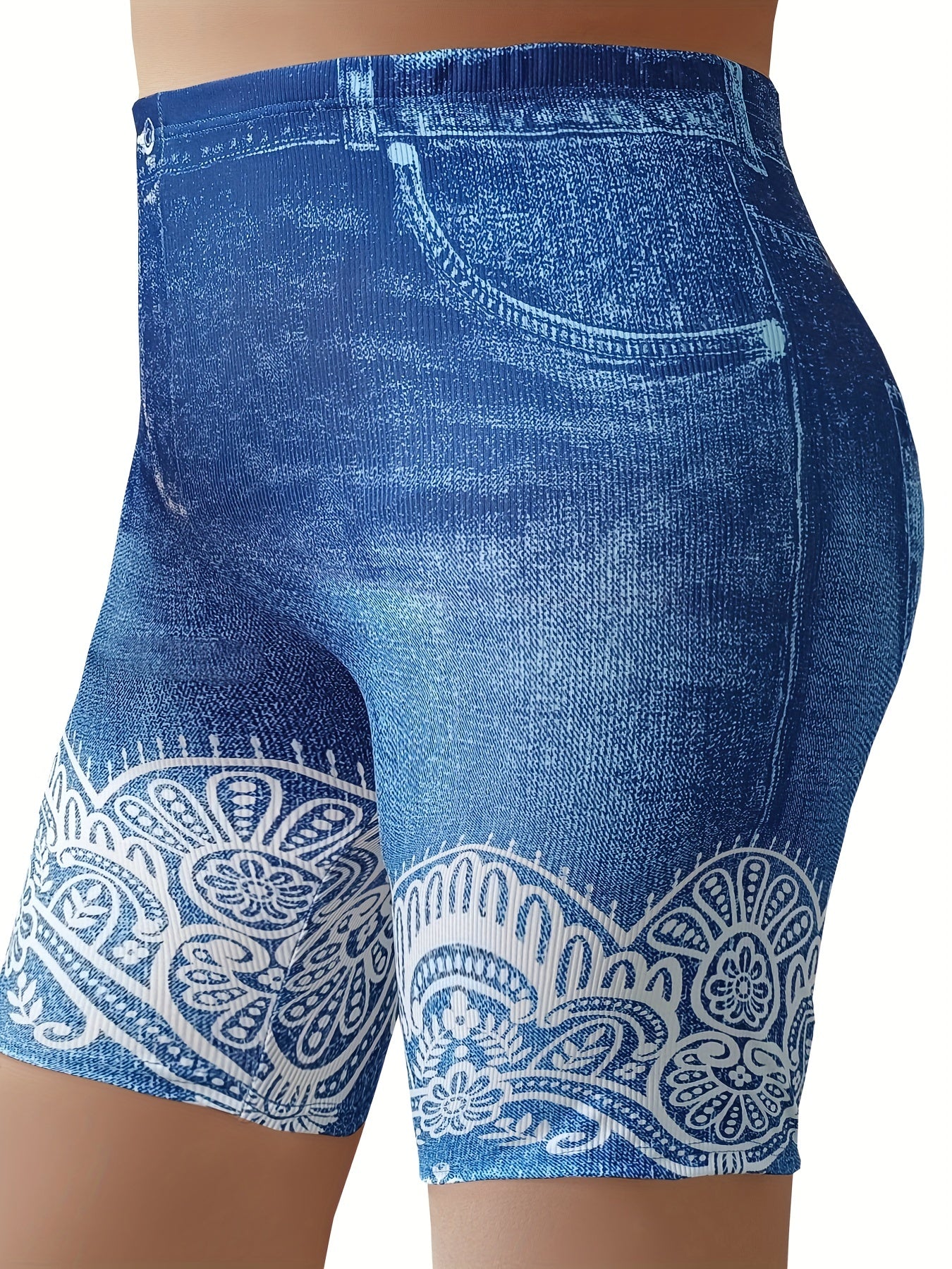 Denim & Floral Print Stretchy Skinny Leggings