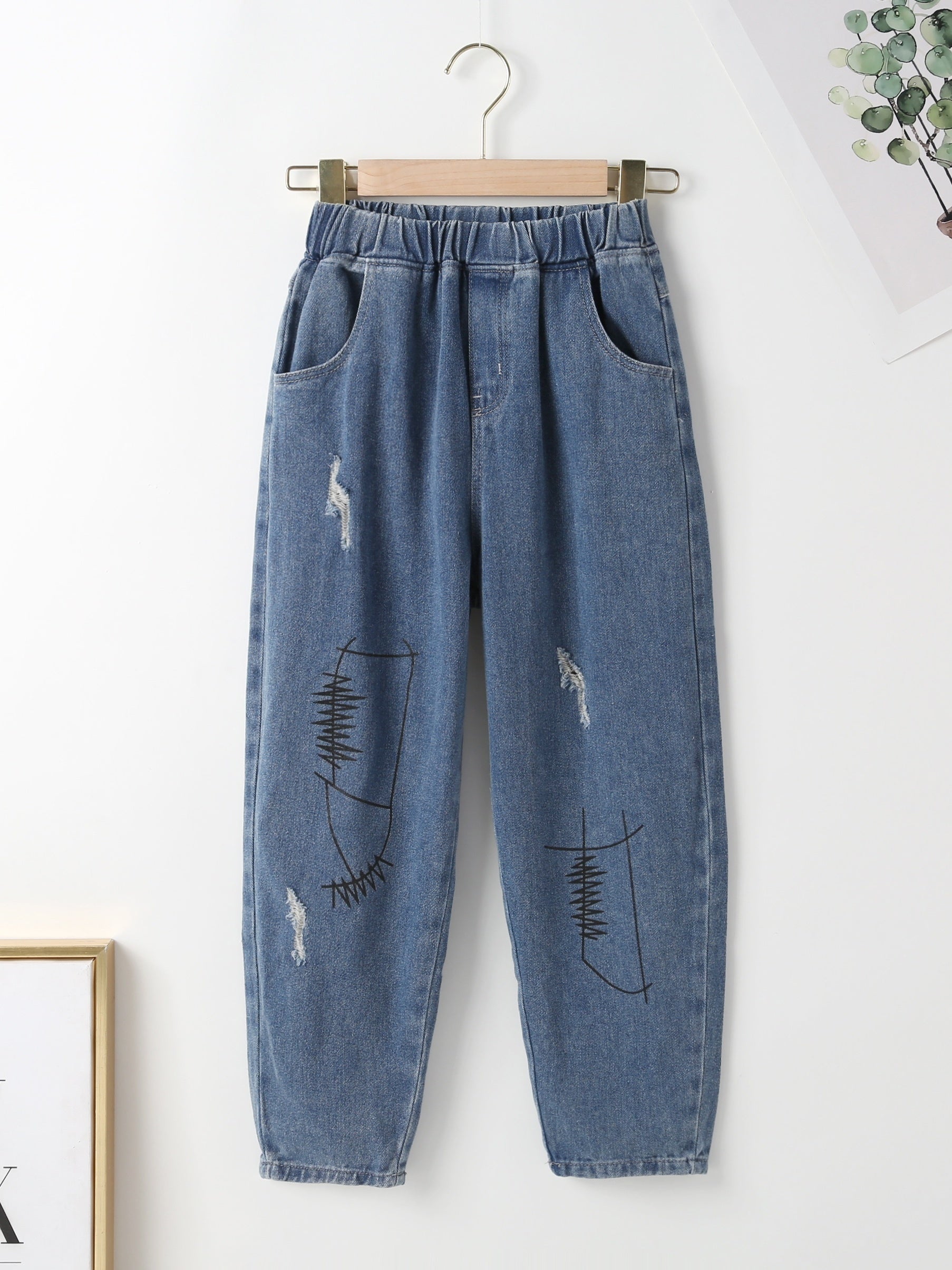 Boy's Striped Denim Pants with Graphic Print