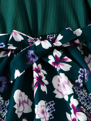 Floral Long Sleeve A Line Midi Dress with Belt